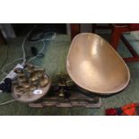 A Large Cast Iron Kitchen scales with detachable shaped brass pan and a set of Brass baluster