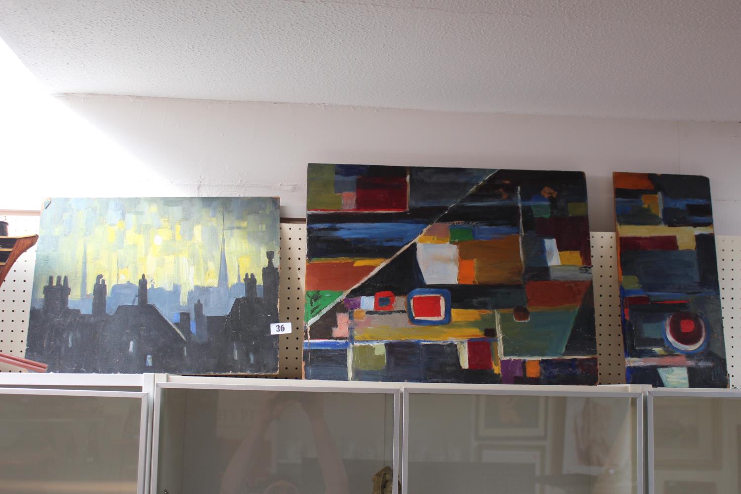 Angela Stones (1914-1995) 2 Abstract Acrylic on Board. and a City roof top scene