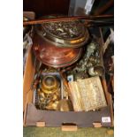 Box of assorted Copper and brassware inc. Warming pans, Copper horn etc