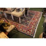 Large Blue and Red ground rug with tassel ends