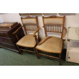 Pair of Edwardian Inlaid elbow chairs with upholstered seat and back