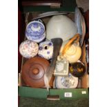 Box of assorted Studio and other Pottery inc. Spode Italian, Turned wooden lidded barrel etc