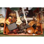 Tray of assorted Collectables and bygones inc. Candelabra, Toby Jug etc