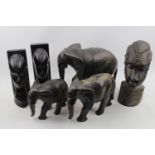 Pair of Hardwood carved African bookends 3 graduated Elephants and a Carved African Bust