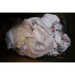 Box of assorted Vintage tablecloths and embroidered fabric