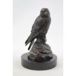 20thC Bronze figure of a Hawk mounted on marble base. 15cm in Height