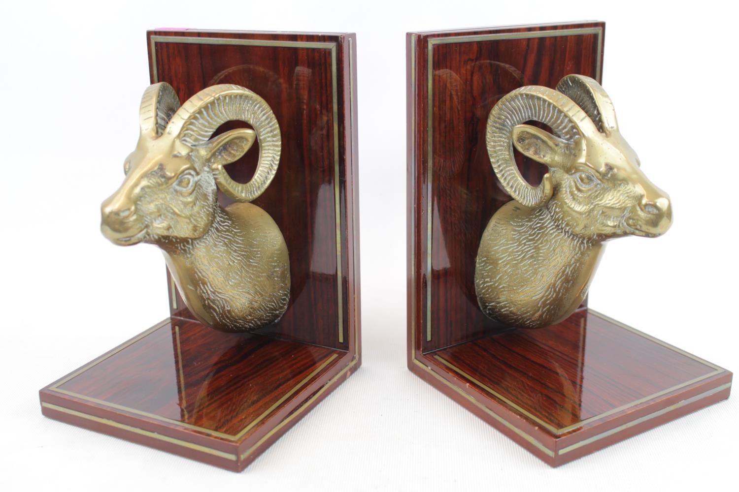 Pair of Rosewood Brass inlaid bookends with Brass applied Ibex/Antelope busts