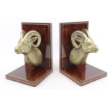 Pair of Rosewood Brass inlaid bookends with Brass applied Ibex/Antelope busts