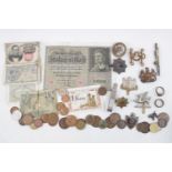 Collection of assorted Coins and assorted Bank notes inc 10,000 Mark Note 1922, Military Badges etc