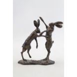 Bronze of Boxing Hares in style of Paul Jenkins. Signed to base. 12cm in height