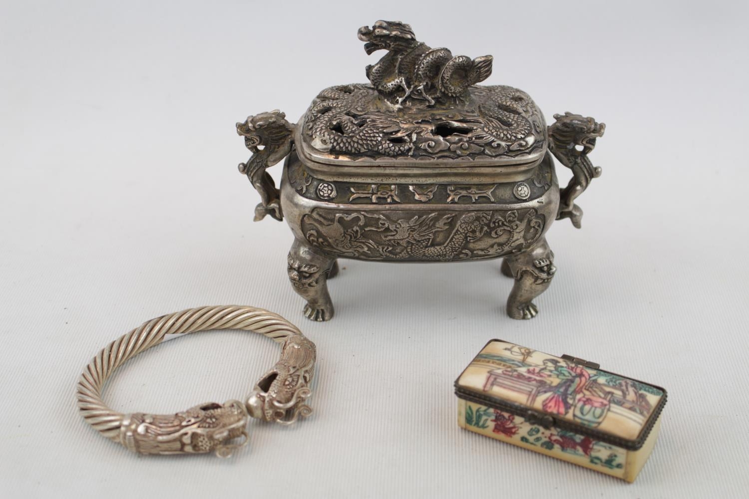 White metal Asian Bangle with Dragons head decoration, White metal Censor and a Hand painted