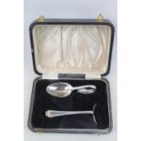 Boxed Silver Childs Spoon and Pusher Sheffield 1937