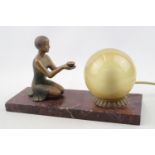 Art Deco Painted Bronze of a woman with Tea cup mounted on marble with globe light. unsigned with