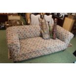 Victorian Upholstered 3 seater sofa on bun feet and casters