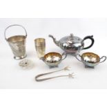 Collection of Silver Plated ware inc. 3 Piece Tea set, Sugar tongs etc