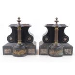 Pair of Belgian Slate Garnitures with inset marble and Gilt decoration. 19cm in Height