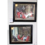 Pair of antique prints of cardinals , entitled late but welcome and a critical audience
