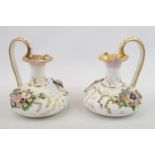 Pair of Derby 19thC Vases with applied floral and gilt decoration, faded mark to base. 15cm in