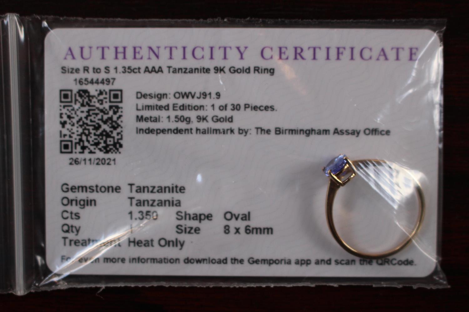 9ct AAA Tanzanite, 1.35ct ring