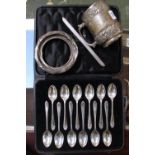 Set of 12 teaspoons, comb cover small tankard etc, 376g total weight.