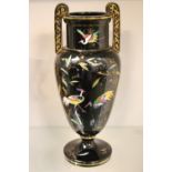 19thC Victorian Black glass urn type vase with flora and fauna decoration