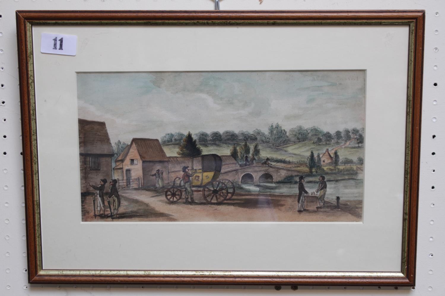 John Nixon (1750-1818) Framed watercolour 'Ollerton from the Hop Pole Inn on the river' 16 x 31cm