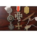 Collection of German Third Reich Badges and Iron Cross inc. Hitler Youth, German rider lapel