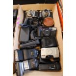 Box of assorted Cameras inc Pentax, Canon etc