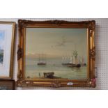 Gilt framed Oil on canvas Maritime scene of Galleons signed Embrose