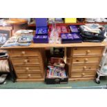 Pine Pedestal desk of 8 drawers with turned handles