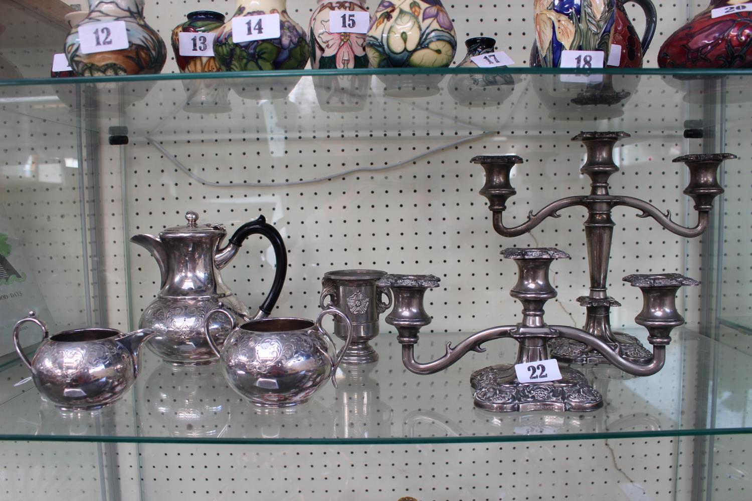 Collection of assorted Silver plated tableware inc. 3 Piece Tea set, Candelabra and posy vase