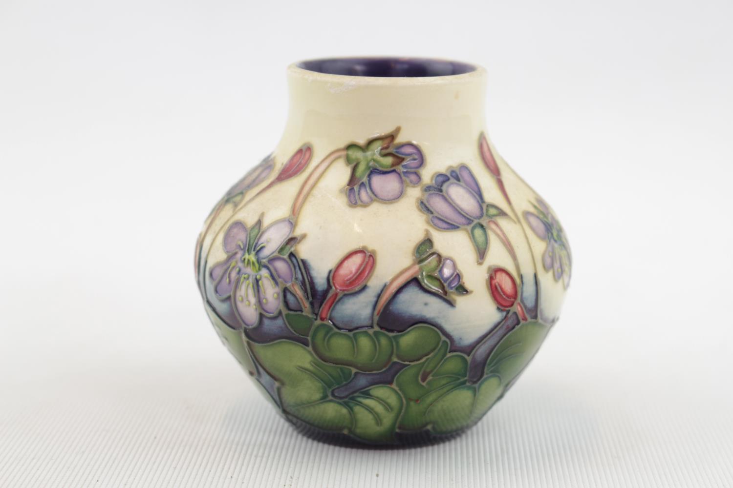 Moorcroft Squat Vase in Hepatica pattern 8cm in Height - Image 2 of 3