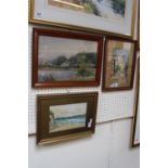 3 Framed European watercolours of a coastal scene River scene and a Shepherd