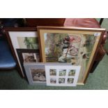 3 Framed Albert & Costello collages and a collage of Schwanhilde advertising prints & 2 other prints