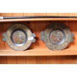 Pair of 19thC Japanese Geisha decorated lacquered plates with floral borders and leaf handles