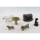 19thC Cast Iron Painted Sheep Moneybox and assorted figures