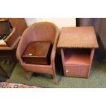 Woven Elbow chair with Bedside cabinet and Oak Sewing box