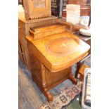 Edwardian Burr Walnut Davenport with Oval Leather inlaid top over fitted interior and drawers to