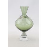 Swedish Art Glass Vase of Green glass to clear. Makers label to base. 16cm in Height