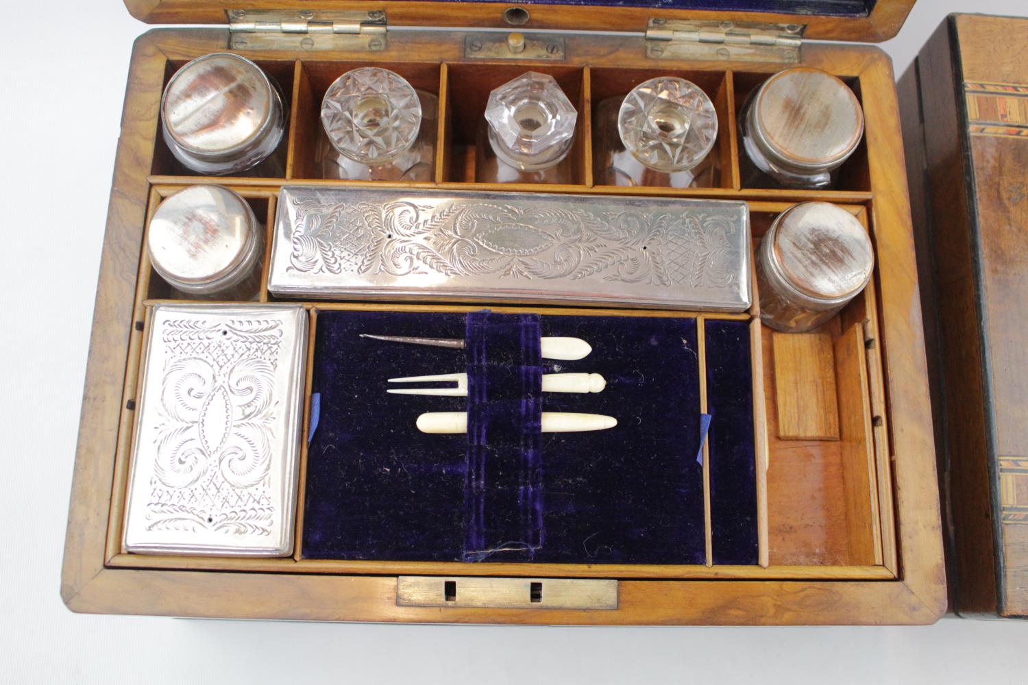 Late 19thC Walnut ladies travelling case with fitted interior and a Inlaid stationary/Jewel box - Image 2 of 4