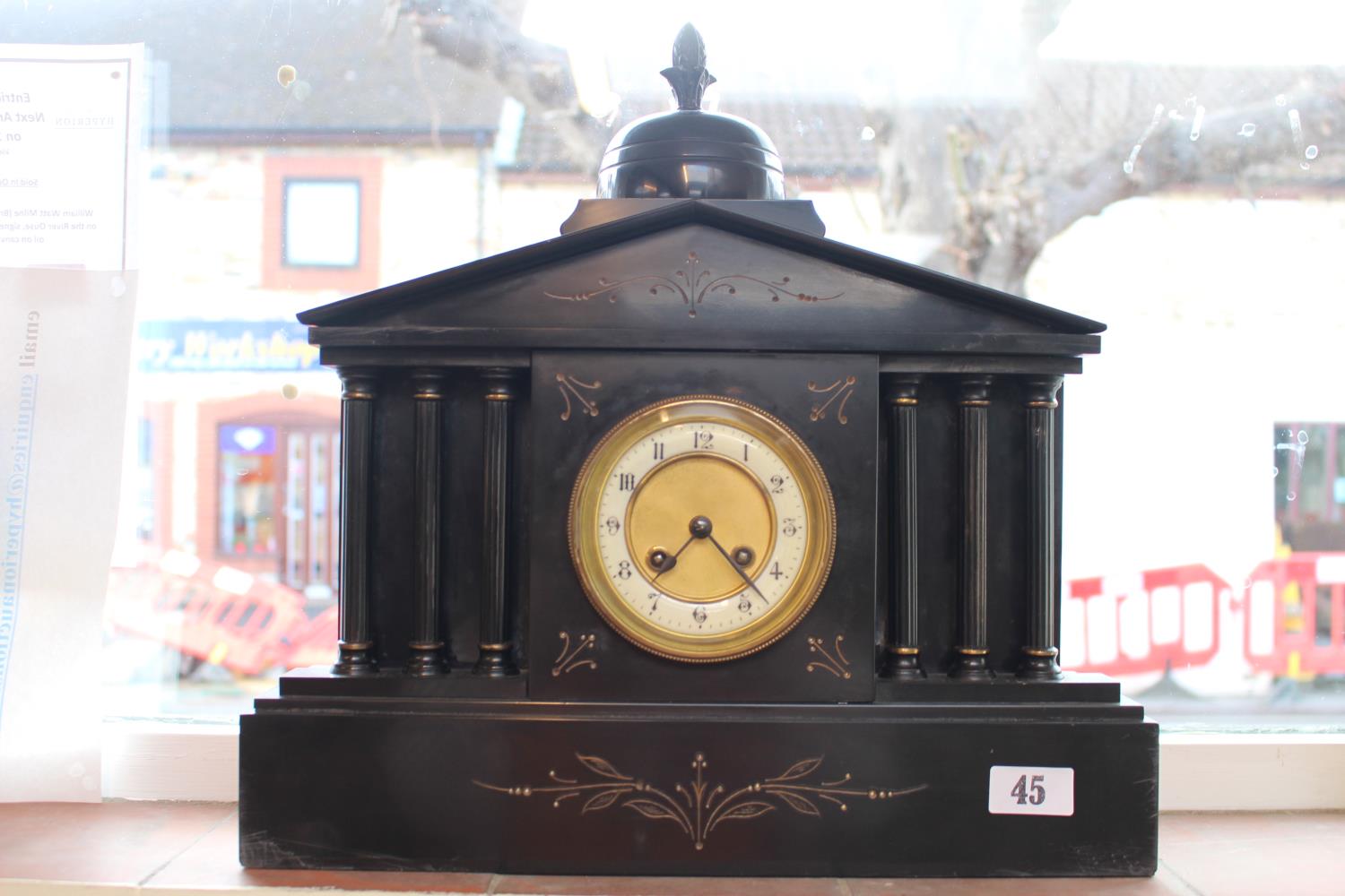 19th Belgian Slate mantel clock with column supports and numeral face 40cm in Height
