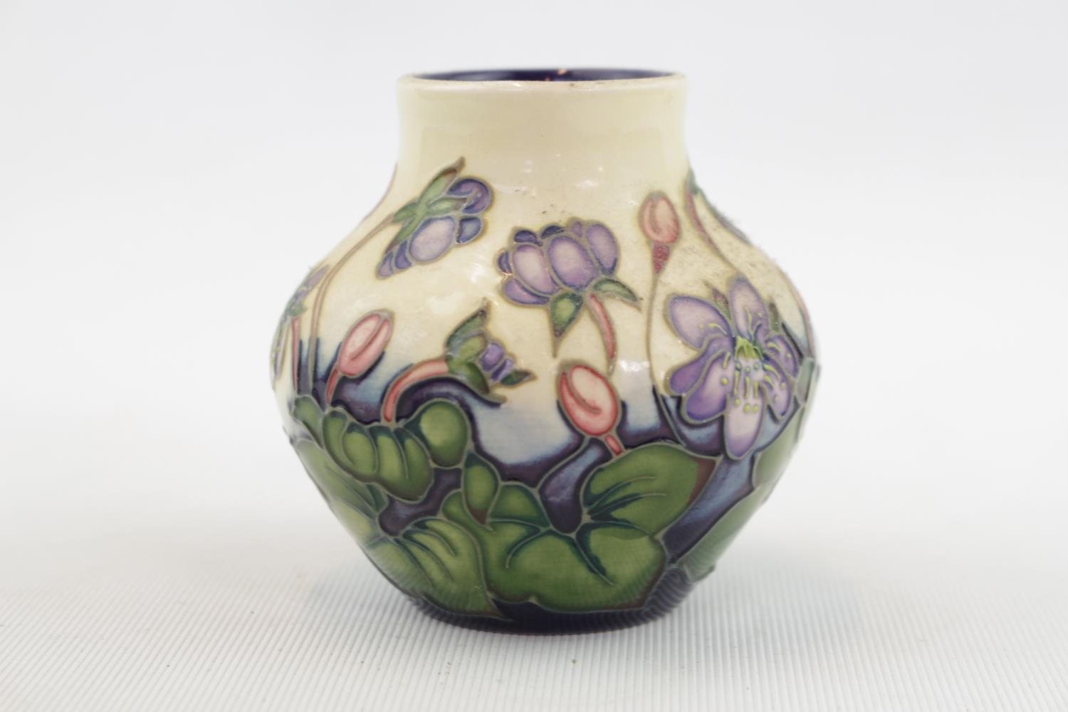 Moorcroft Squat Vase in Hepatica pattern 8cm in Height