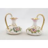 Pair of Derby 19thC Vases with applied floral and gilt decoration, faded mark to base. 15cm in