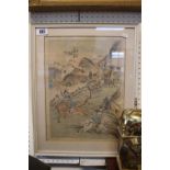 Framed and mounted Chinese watercolour of warriors against mountainous background