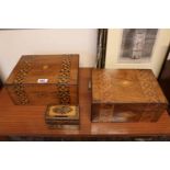 Tunbridgeware Floral money box and 2 Inlaid Walnut sewing boxes