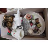 Box of assorted ceramics and bygones inc. Beswick Lesser spotted Woodpecker 2520 etc