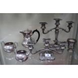 3 Piece Silver plated Tea Set, 2 Silver plated Candelabra and a Silver plated two handed cup