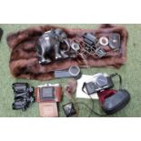 Collection of assorted Photographic items, Hardwood Elephant and a Fur Stole