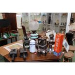 Victorian Oil Lamp with opaque reservoir, LNER Railway Lamp and assorted Lamps and Oil cans