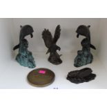 Pair of Bronze Dolphin figures, Bronze of an Eagle, Hornet and a R Duboc Cousteau La Calypso